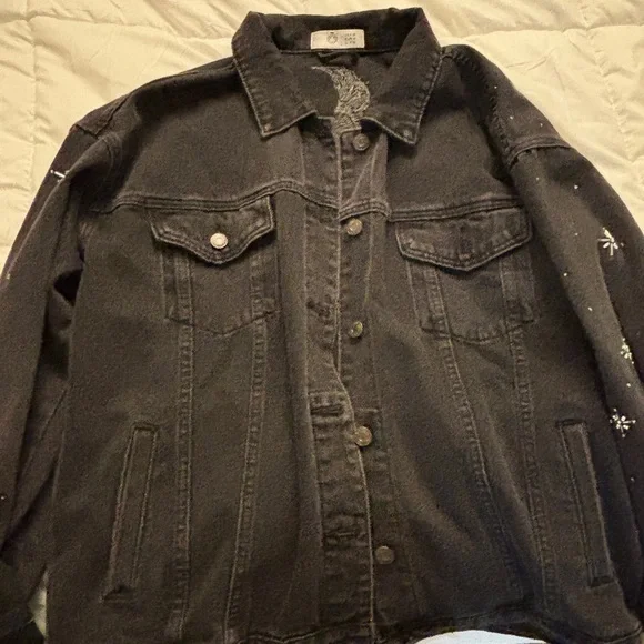 Black Denim Jacket with Silver Moon and Stars - Picture 2 of 8